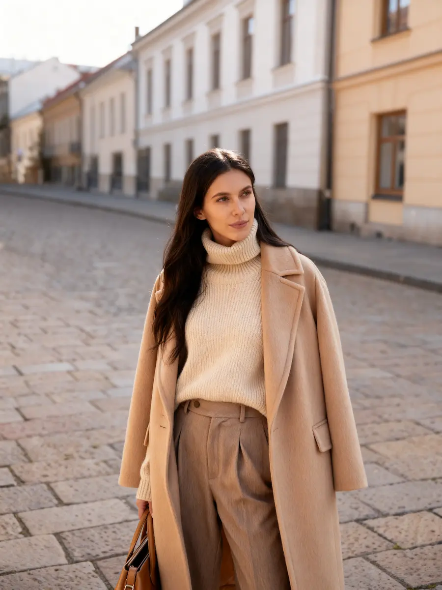 Woman wearing a neutral camel coat and beige turtleneck sweater for a monochrome fashion look.