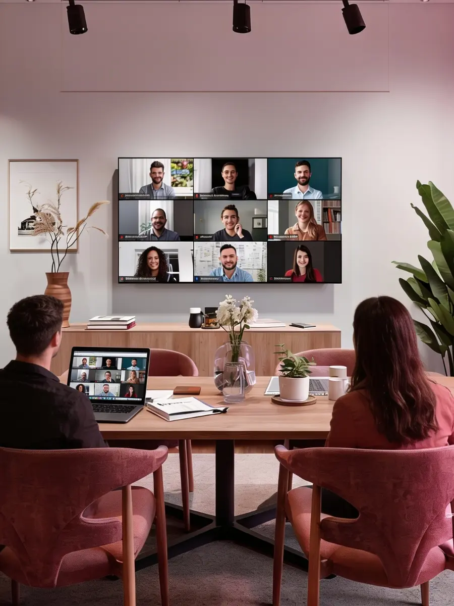 Two employees in a physical conference room facing a large wall monitor displaying a video call grid with nine remote team members during a hybrid meeting