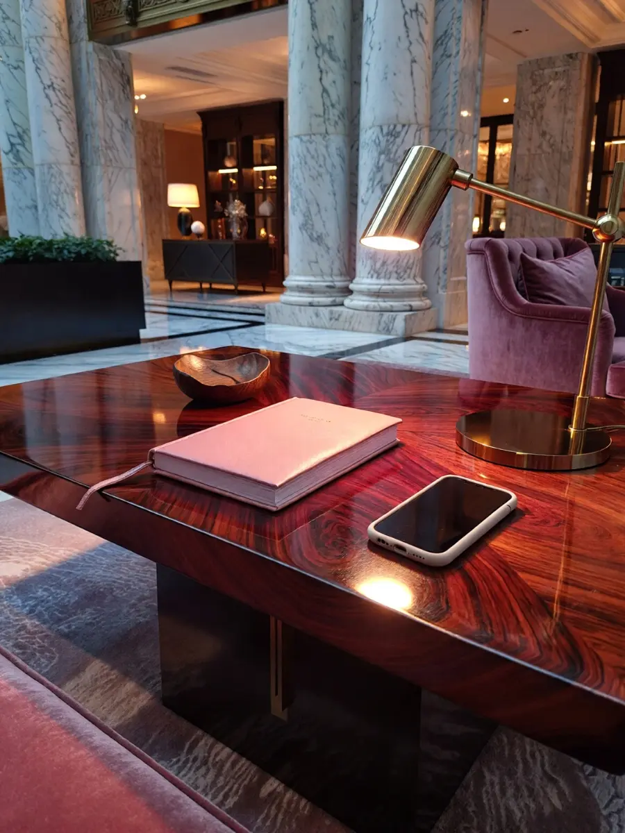 A pink leather journal, smartphone, and gold desk lamp sitting on a polished mahogany table inside a marble hotel lobby.
