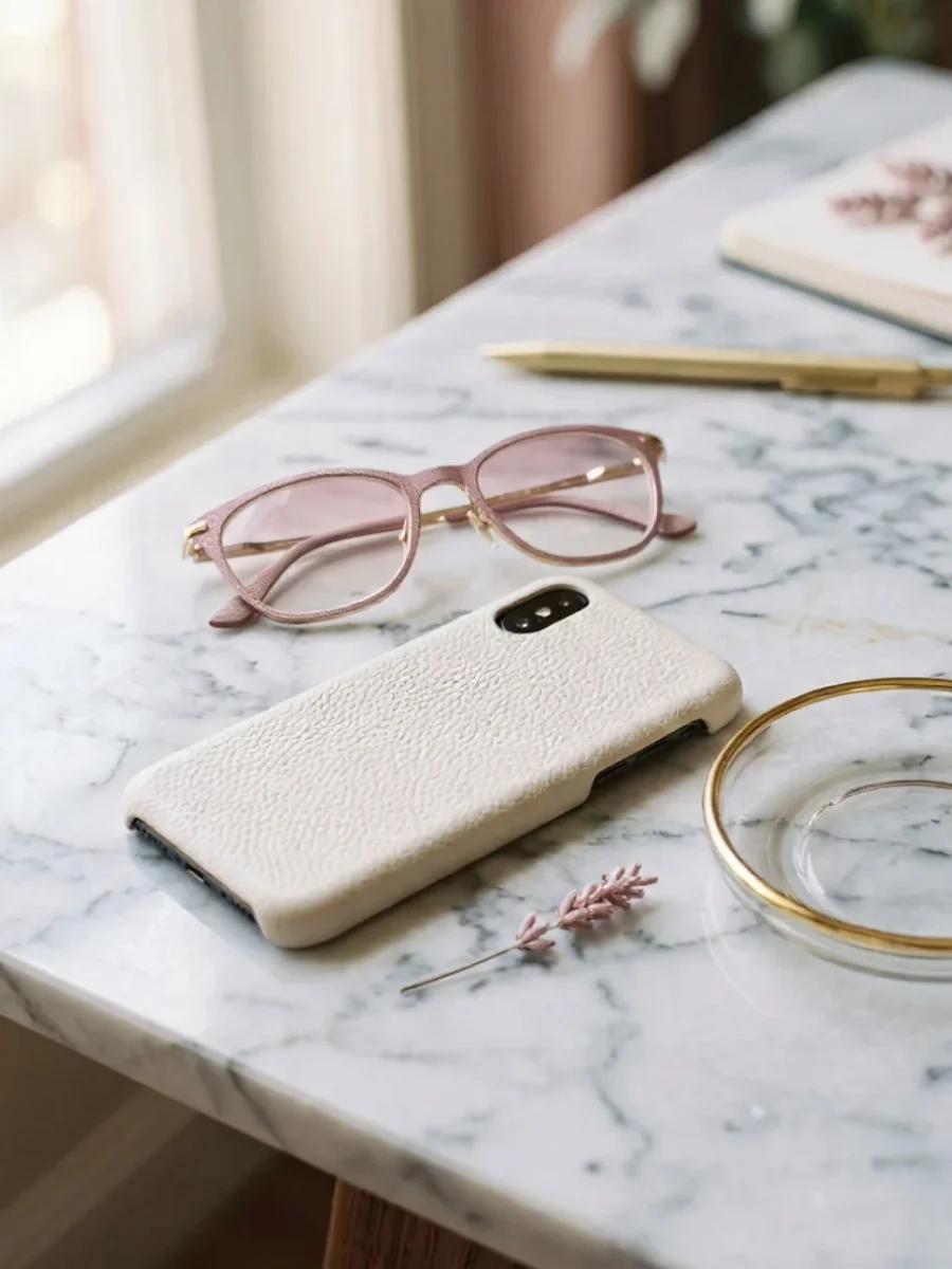 A cream textured leather phone case, pink glasses, and a gold pen resting on a Carrara marble desk.