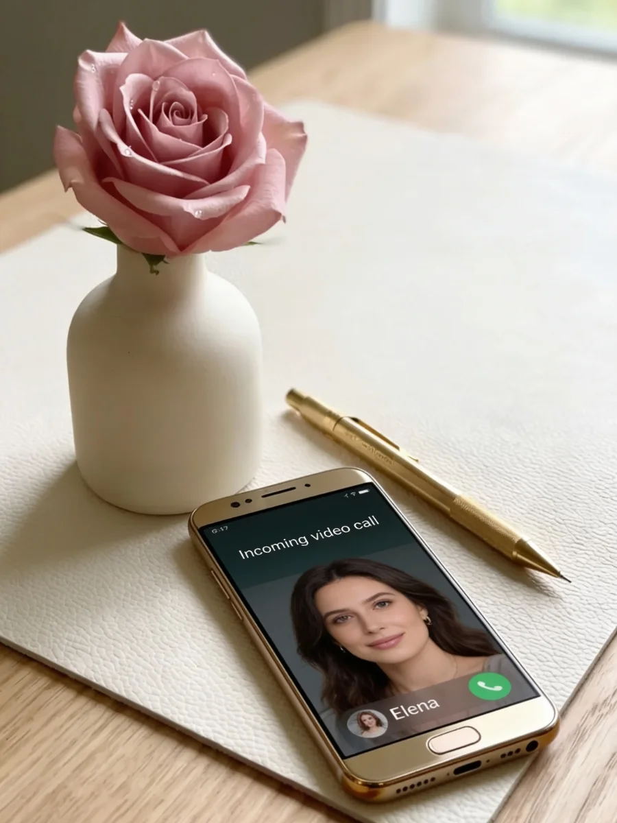 A golden smartphone resting on a white desk mat showing an unexpected incoming video call from a contact named Elena next to a single pink rose in a white vase.