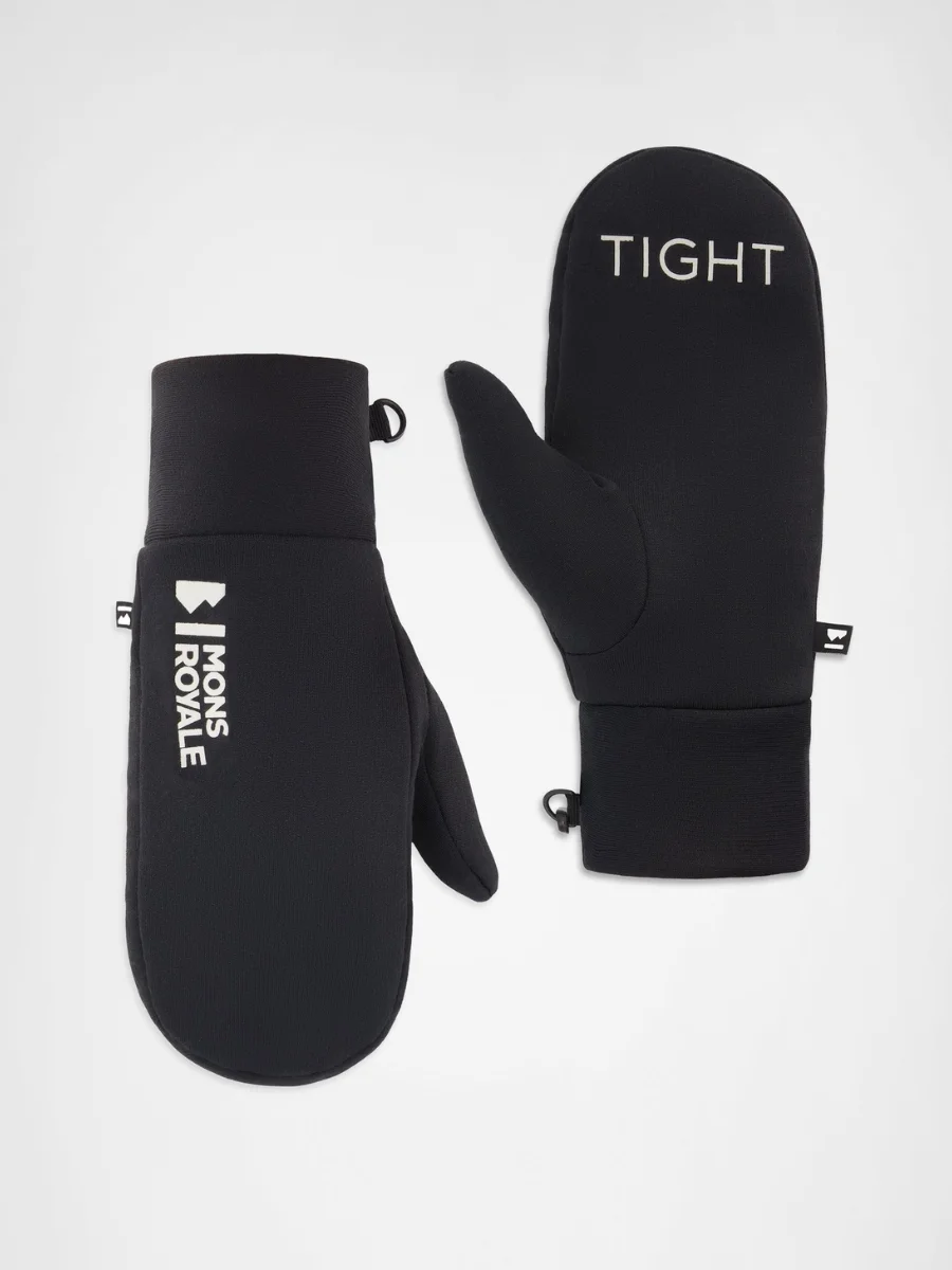 A pair of black winter mittens laid flat against a light gray background, showing a white logo on one side and text on the palm area.