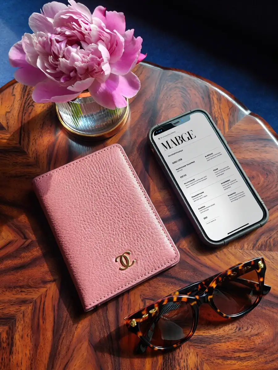Flat lay of a textured pink leather passport wallet, tortoiseshell sunglasses, a single pink peony flower, and a smartphone on a polished wood grain table.