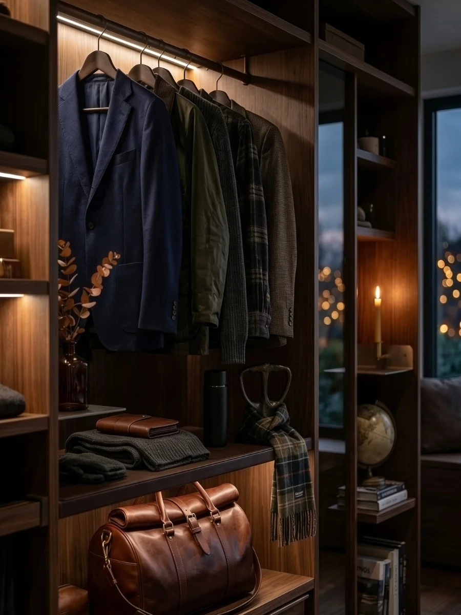 A luxury walk-in closet display showcasing a tailored navy blazer, textured winter layers on hangers, a plaid wool scarf, and a rich brown leather travel bag under warm amber wardrobe lighting.