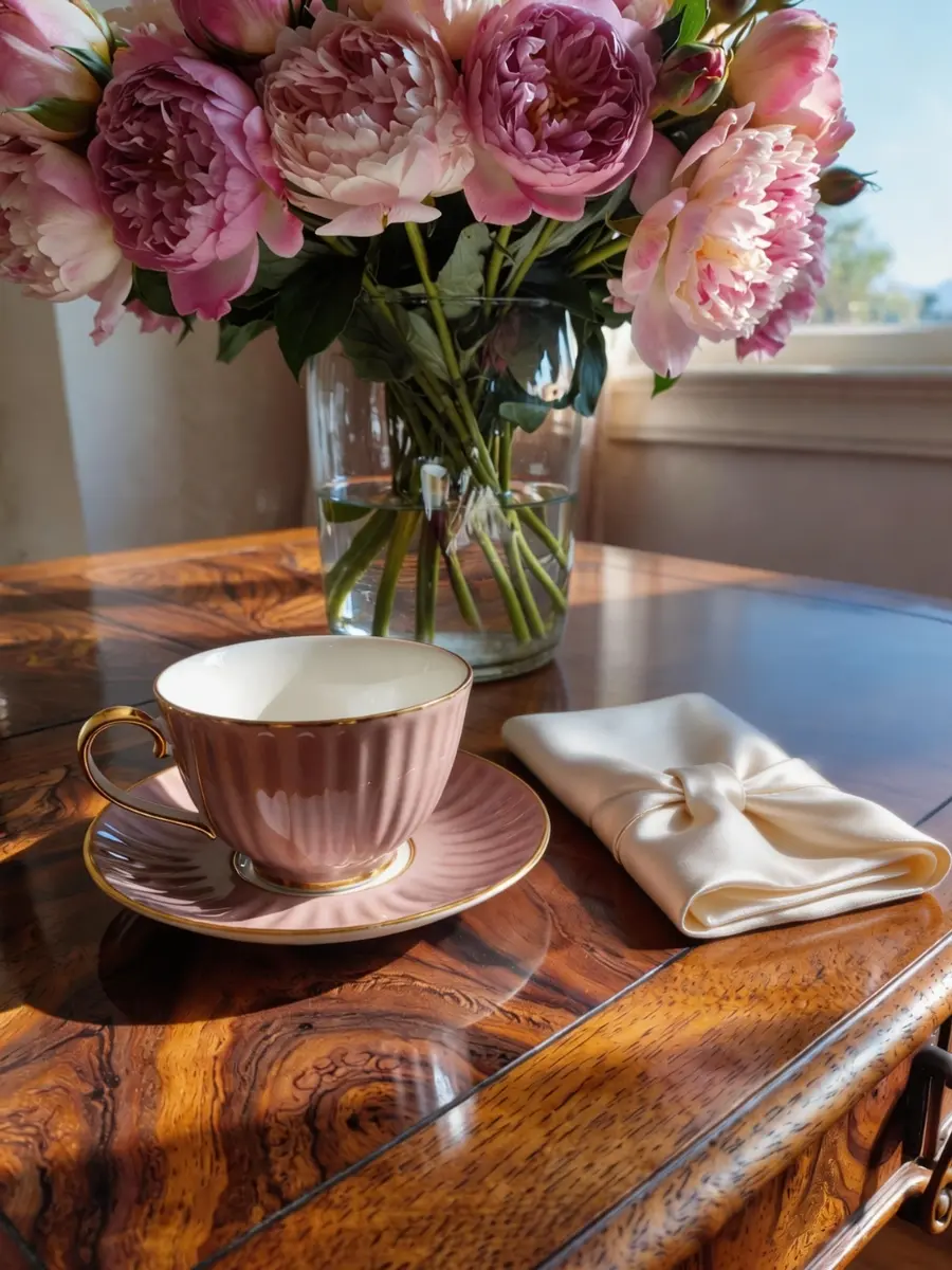 Elegant fluted blush pink porcelain teacup with gold trim and a silk napkin on a wood table next to a vase of pink peonies.