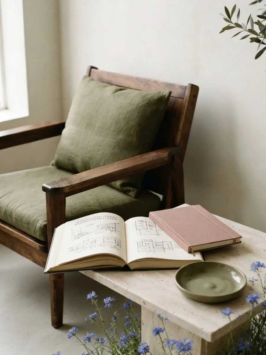 An open architectural book showing sketches on a cream travertine side table next to a dusty rose journal, an olive green armchair, and small blue flowers, reflecting a quiet luxury aesthetic.