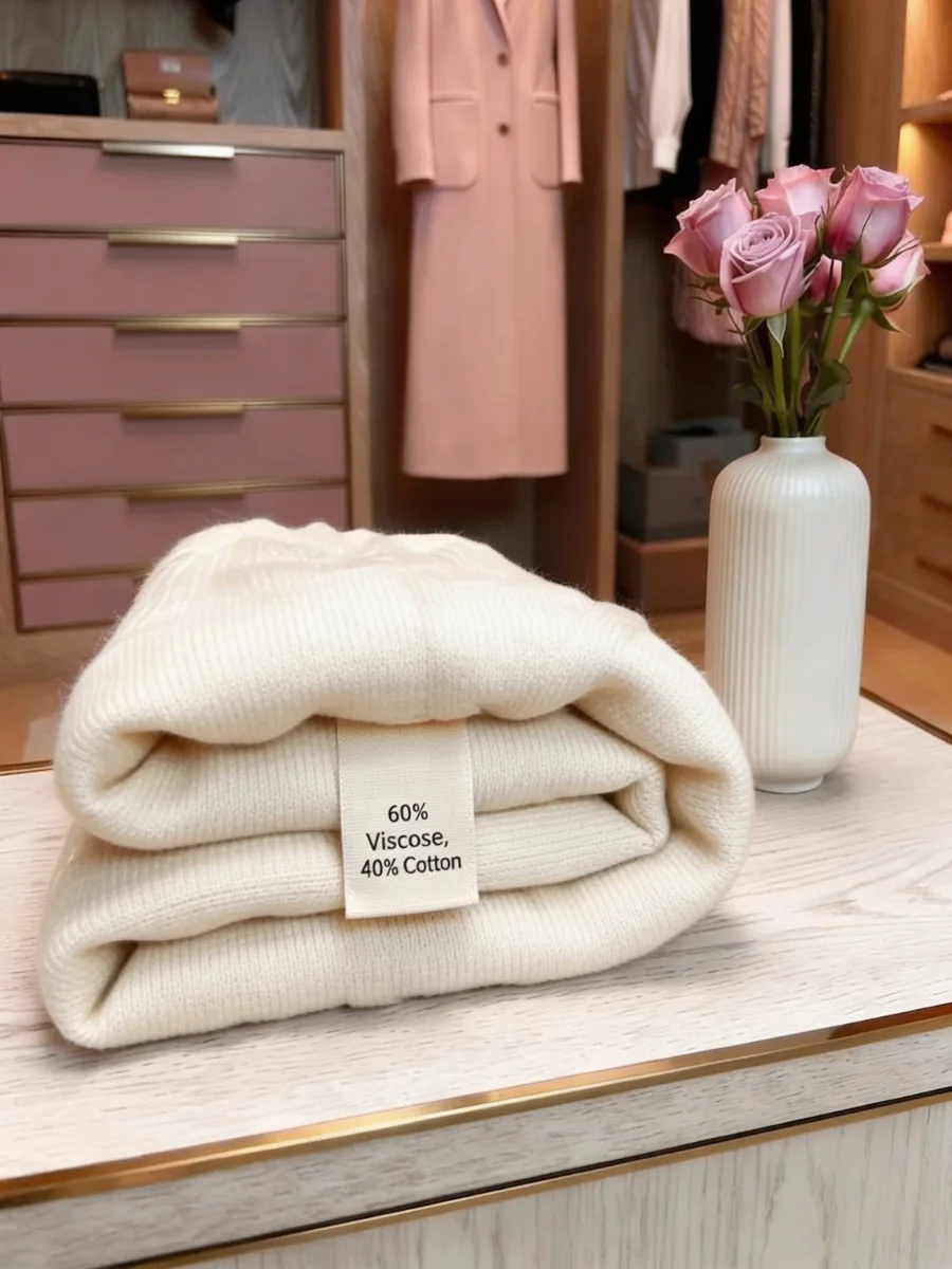 A folded cream cable-knit sweater with a clothing tag reading 60 percent Viscose and 40 percent Cotton in a luxury closet.
