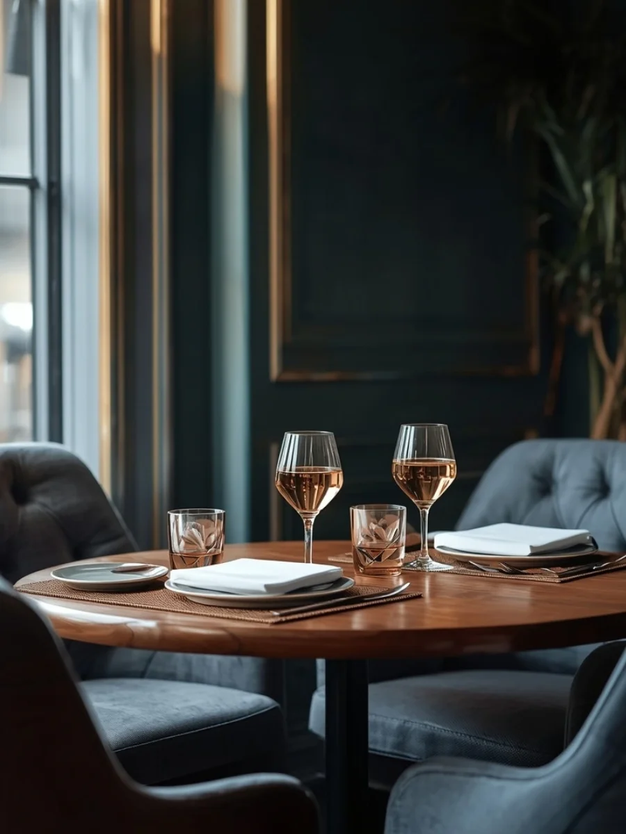 A set restaurant table for two with wine glasses, plates, and white napkins on a round polished wooden table with plush blue armchairs