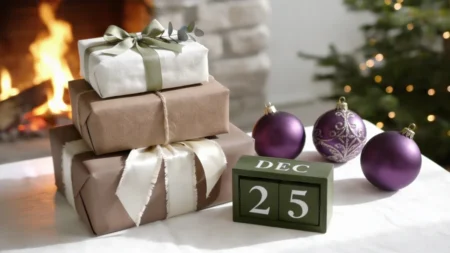 Three elegantly wrapped holiday present boxes stacked next to a green wooden calendar showing December 25, serving as inspiration for unique Christmas gift ideas.