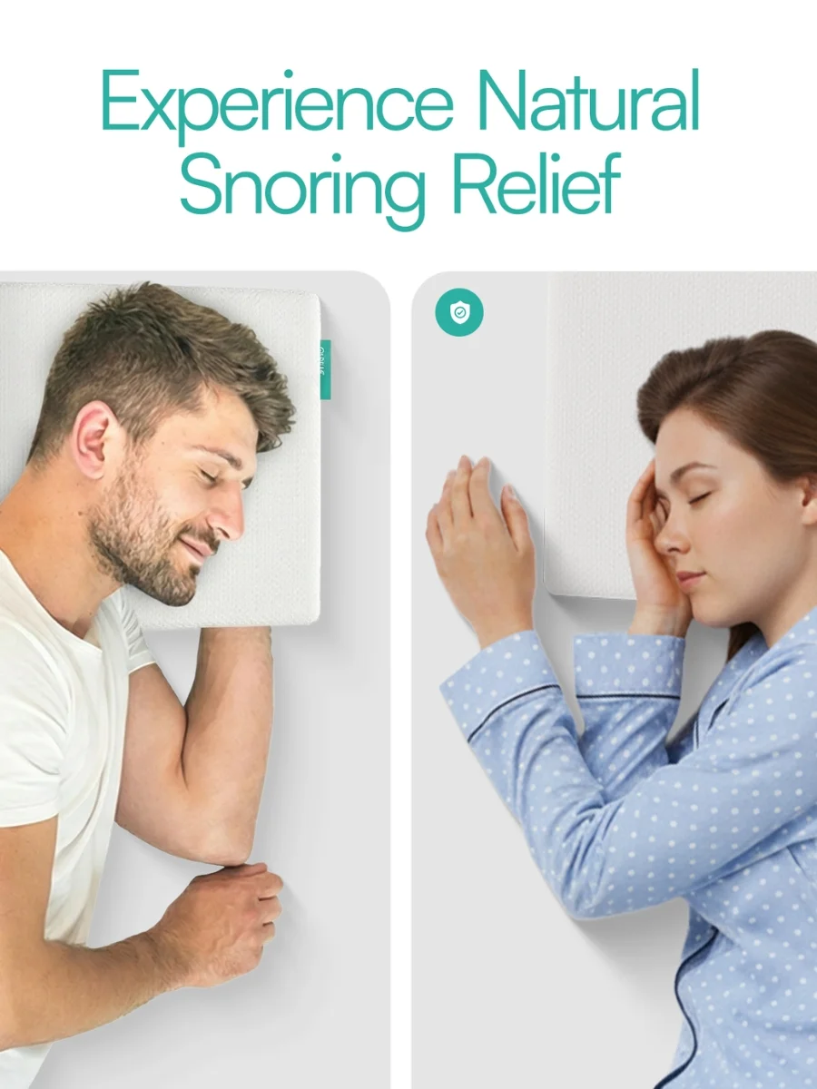 A man and woman side-sleeping on an ergonomic, inclined white memory foam anti-snoring pillow designed for natural airway relief.