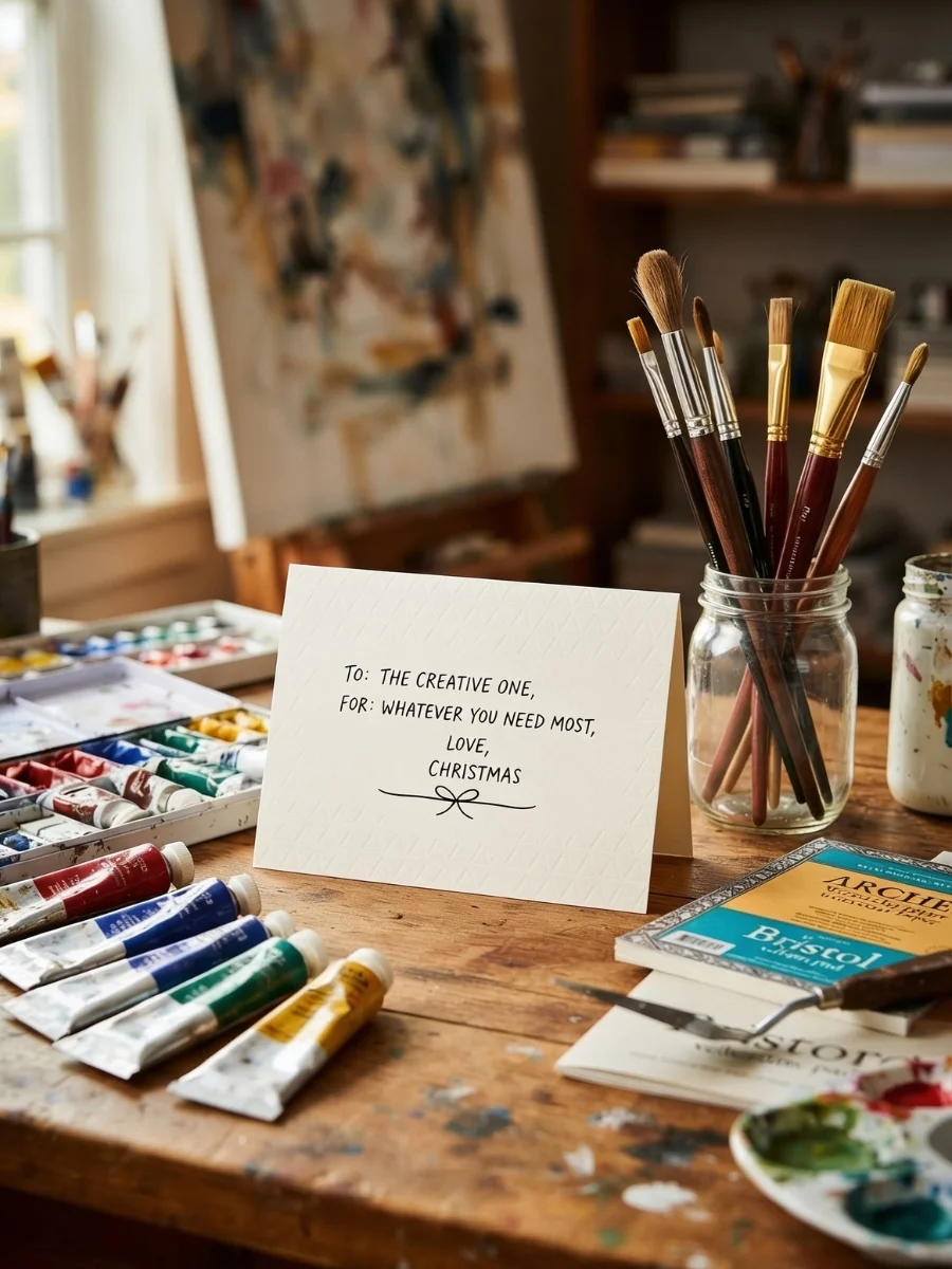 A handwritten holiday card sitting on a messy wooden art studio desk surrounded by paint brushes in a jar, open tubes of colorful oil paints, and painting sketchbooks.