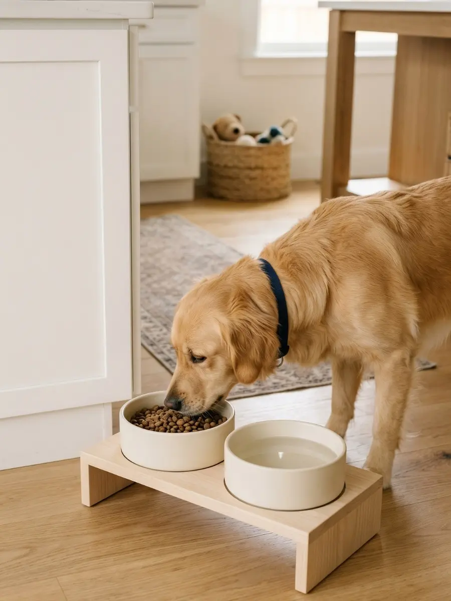 A golden retriever dog eating kibble from a modern cream ceramic bowl set inside a minimalist light wood stand on a kitchen floor.