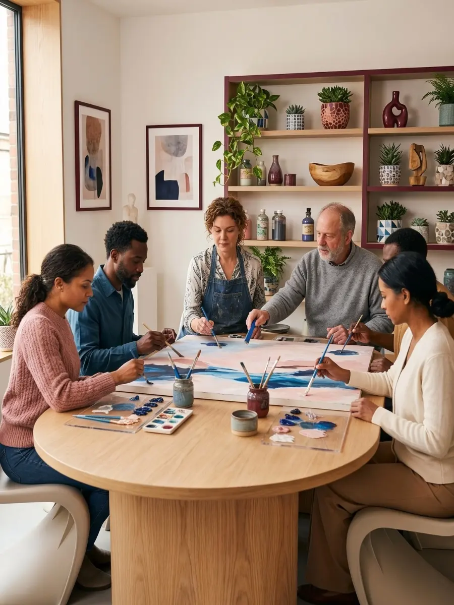 A group of people sitting around a round wooden table in a bright, modern studio working together on a large abstract canvas painting with shades of pink and blue, surrounded by potted green plants and art shelves.