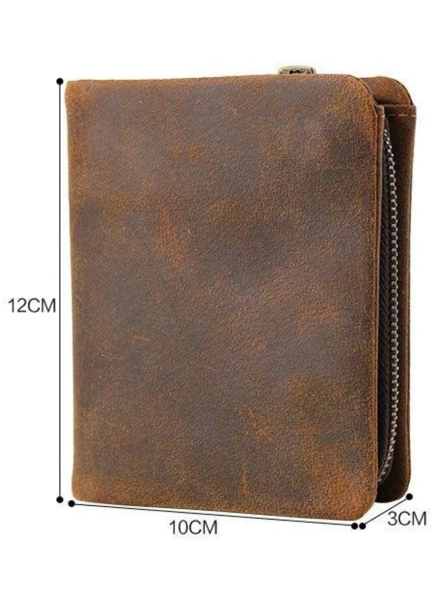 Brown leather bifold pocket wallet with dimensions of twelve centimeters by ten centimeters by three centimeters on a white background.