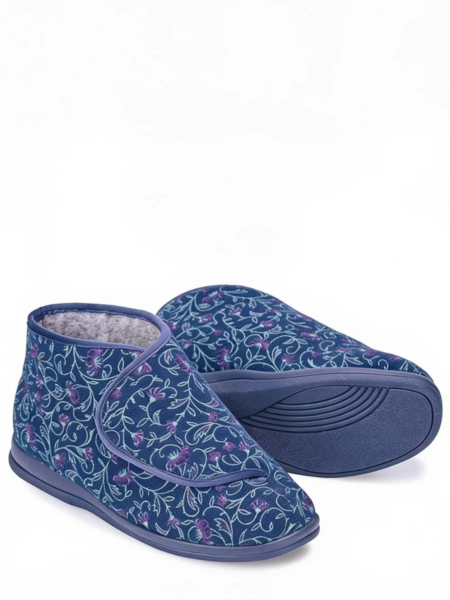Blue floral structured house slippers with adjustable straps and rubber soles.