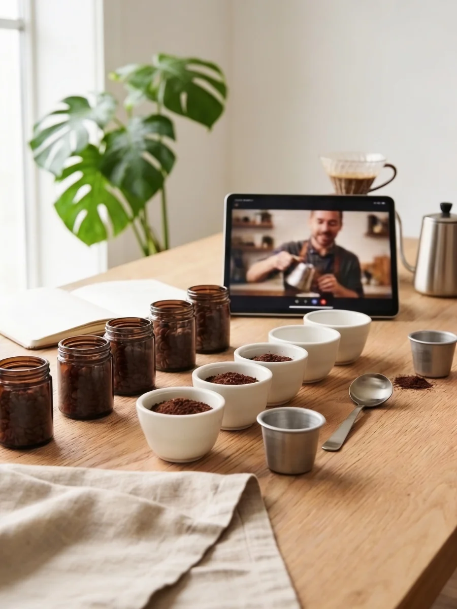 Coffee tasting kit set up on a wooden table with amber jars of coffee beans, small white bowls containing fresh coffee grounds, and a digital tablet showing a live video call with a remote barista instructor.