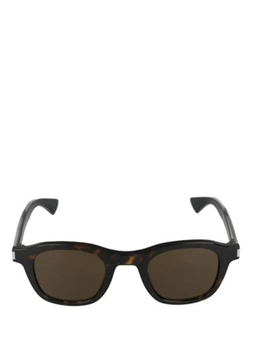 A front view of the SL 880 Sulpice Thin sunglasses from Saint Laurent Eyewear featuring a dark Havana crystal brown tortoiseshell block acetate frame with an elegant square rectangular silhouette, solid dark brown tinted lenses, and a clean logo-free bridge set against a plain white background.