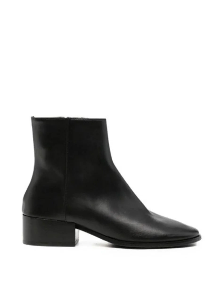Dear Frances River black leather ankle boots featuring a low block heel, a classic square toe, and a clean minimalist shaft design.