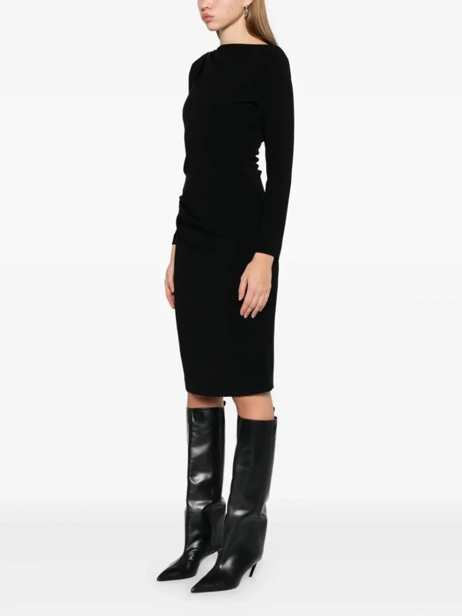Max Mara Cady black midi dress featuring a tailored straight fit, long sleeves, a high asymmetrical neckline, and styled with black leather knee-high boots.