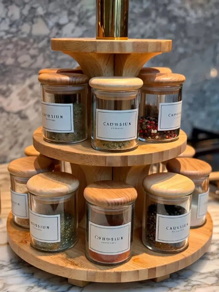 A two-tier wooden turntable displaying small glass jars with round wooden lids and clean white labels arranged neatly on a kitchen countertop.