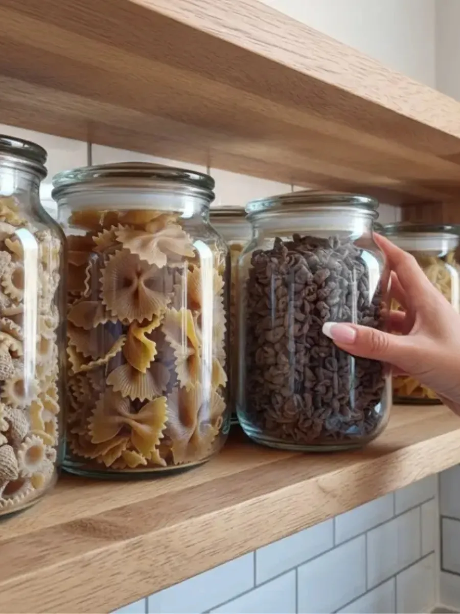 A person's hand with white manicured nails reaching for a large glass storage container filled with dark pasta on a modern light oak shelf.
