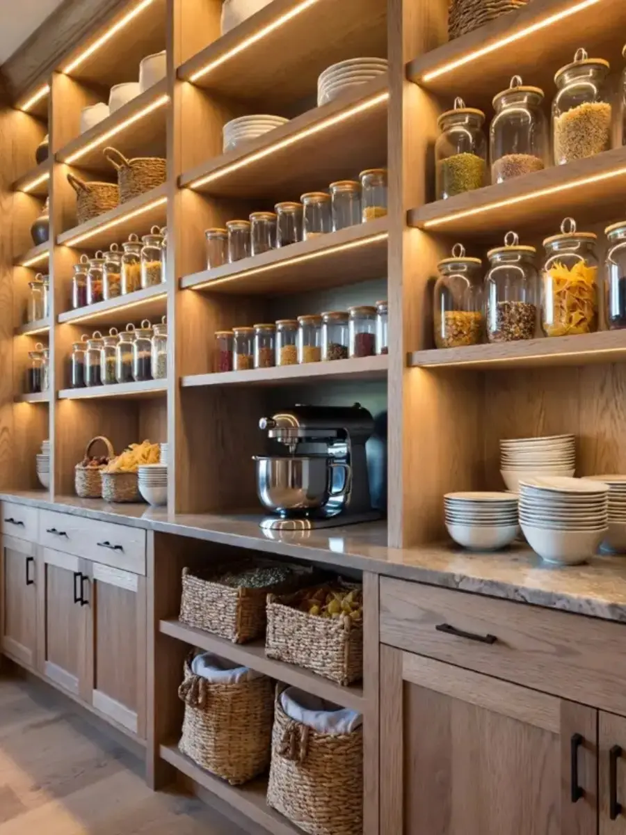 Warm LED strip lighting illuminates custom oak shelving filled with matching glass storage jars, stacks of white bowls, and woven baskets in a spacious walk-in storage area.