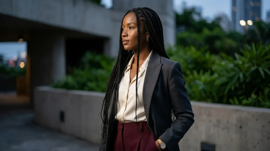 A stylish woman wearing a grey blazer, white silk button-down shirt, and burgundy trousers, showcasing chic outfits with braids.
