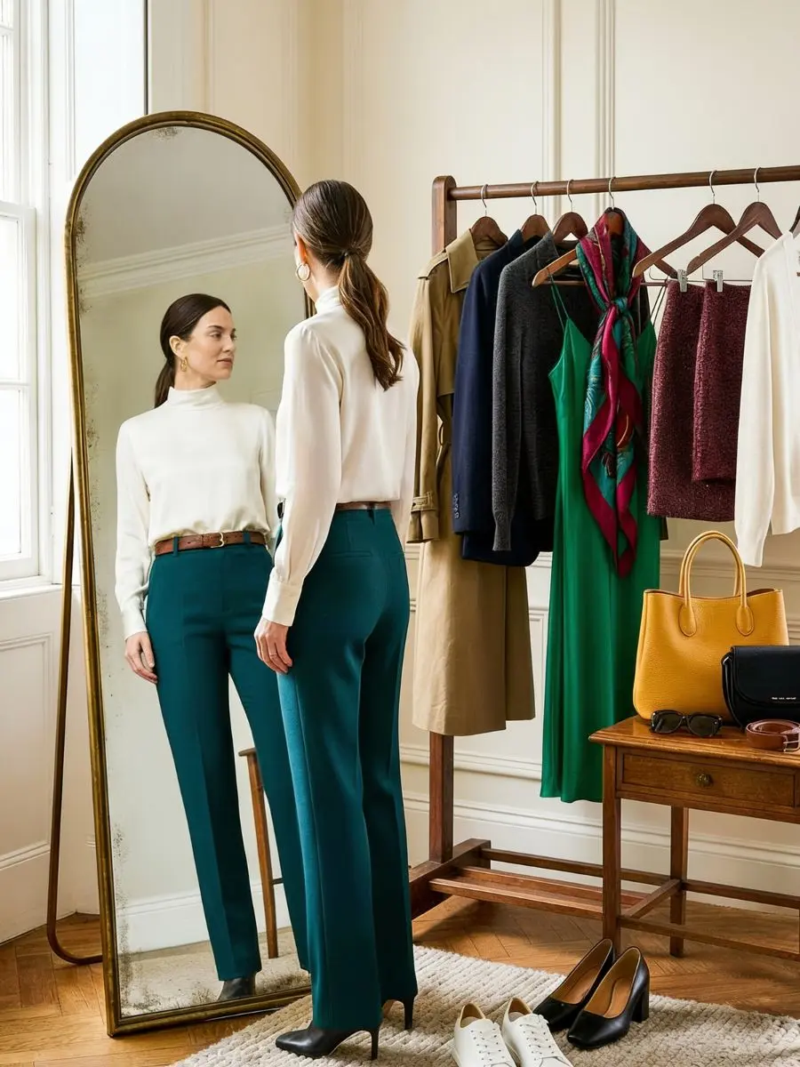 A woman viewing her classy outfits in an arched floor-length mirror, demonstrating what is a capsule wardrobe with a minimalist clothing rack of organized shirts, dresses, and trousers.