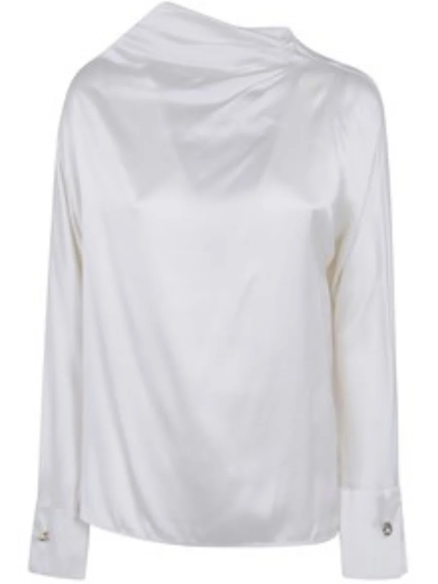 A front view of the Quinto silk blouse from Max Mara Studio featuring a soft silky white finish, a draped high cowl neckline, long sleeves with structured wide cuffs, and elegant button closures on the sleeves set against a plain white background.