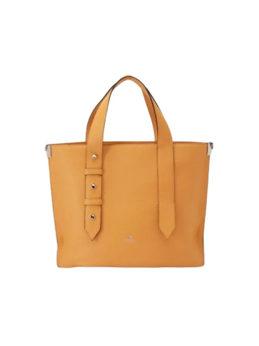 A front view of a structured honey-yellow or warm camel pebbled leather tote bag from Cuoieria Fiorentina featuring two top handles, decorative front vertical straps with metal stud details, and a small heat-stamped logo on a plain white background.