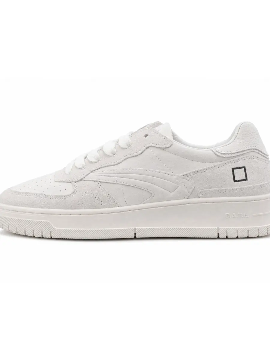 A side profile studio shot of a clean white leather and suede sneaker from D.A.T.E. featuring a multi-paneled upper layout, a low-profile cupsole, and a minimal square outline logo near the heel counter against a plain white background.