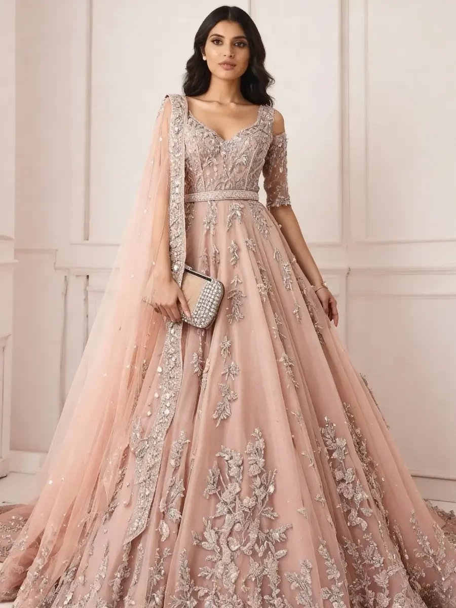 A model wearing an elegant dusty pink floor-length evening gown featuring intricate silver floral embroidery, sheer long sleeves, and a matching embroidered dupatta.